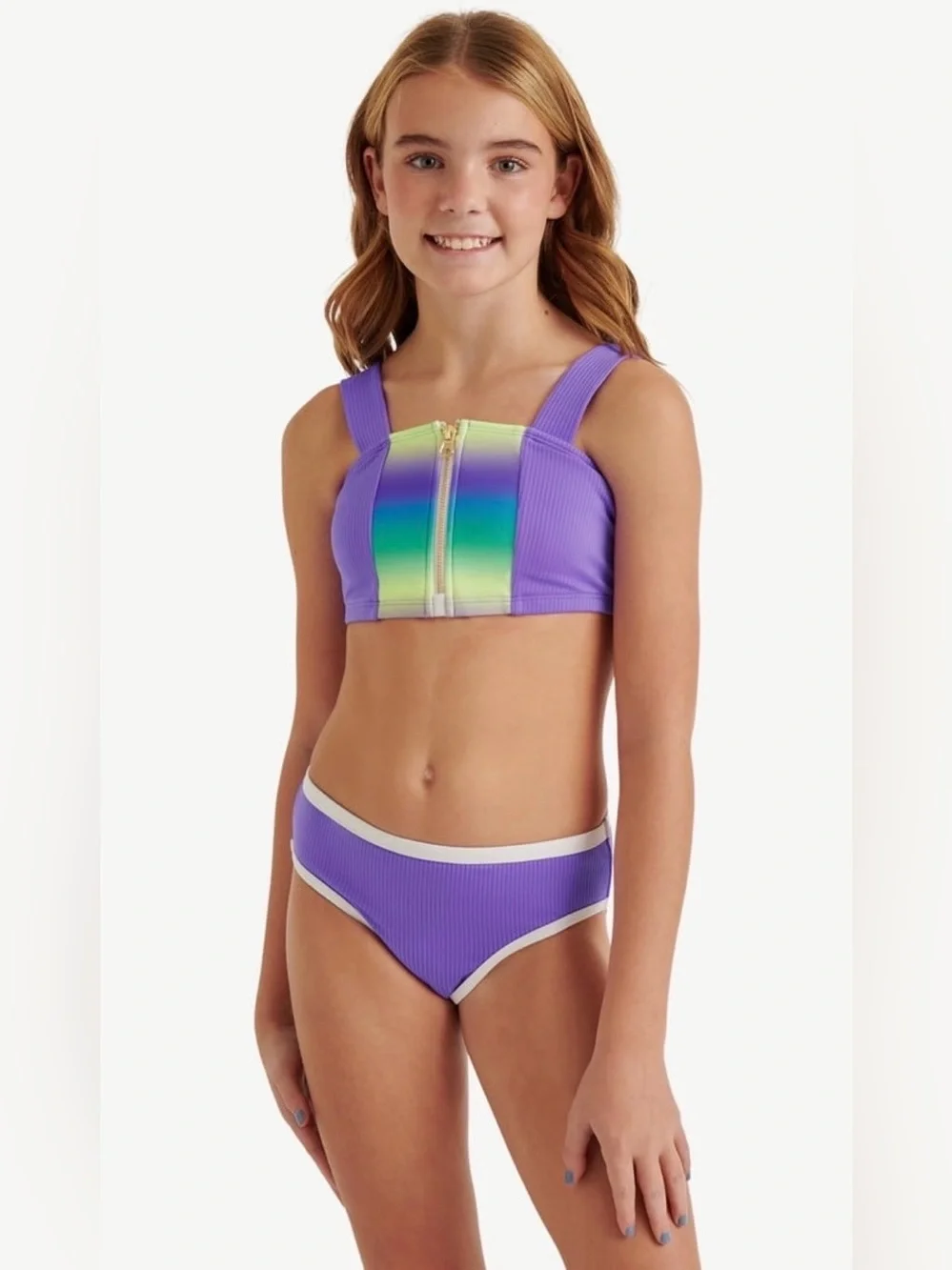 Justice Girls Size 10 Purple Ribbed Colorblock 2 Piece Bikini Swimsuit NWT